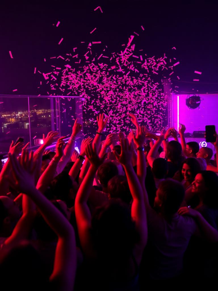Multidão em festa com confete e luzes neon rosa
